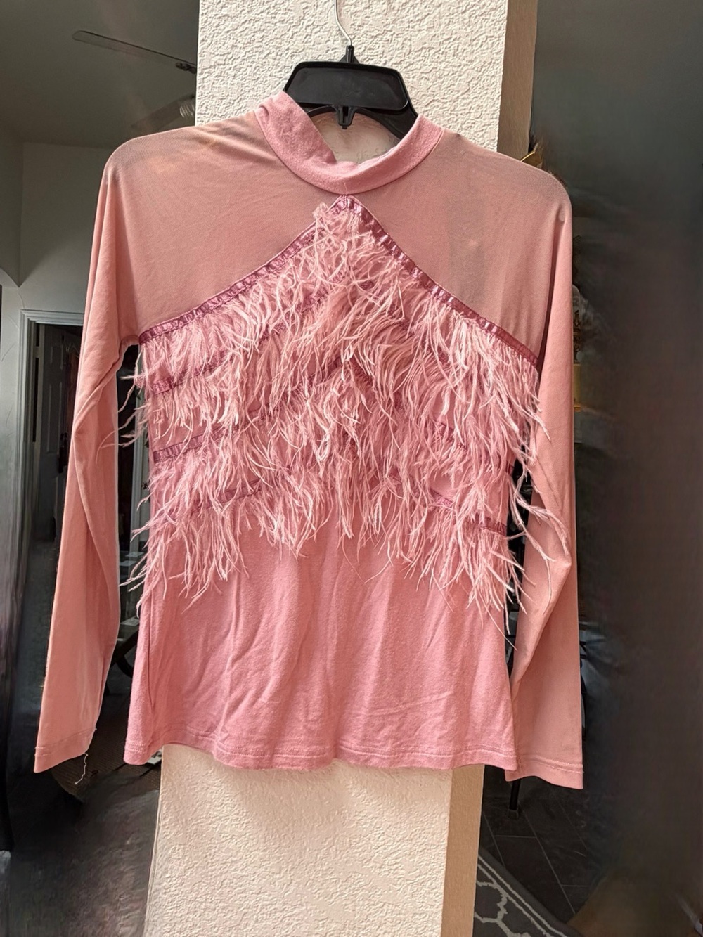 Gracia Pink Feather-Trim Long Sleeve Top